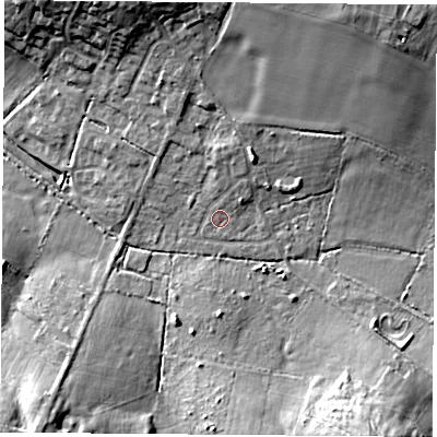 Shaded relief map of the ground around SO322QZ, computed from Environment Agency LiDAR. The ground here sits at about 41 m above sea level and falls 15 m across the surrounding 800 m. Surface water reaching this point runs off ground lying to the north-north-east, 2.5 m higher.