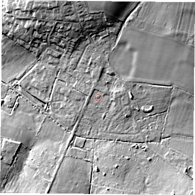 Shaded relief map of the ground around SO322UN, computed from Environment Agency LiDAR. The ground here sits at about 42 m above sea level and falls 17 m across the surrounding 800 m. Surface water reaching this point runs off ground lying to the north, 12.2 m higher.