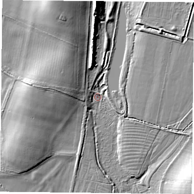 Shaded relief map of the ground around SO323LA, computed from Environment Agency LiDAR. The ground here sits at about 66 m above sea level and falls 18 m across the surrounding 800 m. Surface water reaching this point runs off ground lying to the north-north-west, 14.2 m higher.