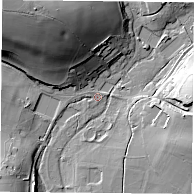 Shaded relief map of the ground around SO323LB, computed from Environment Agency LiDAR. The ground here sits at about 70 m above sea level and falls 48 m across the surrounding 800 m. Surface water reaching this point runs off ground lying to the west, 1.8 m higher.