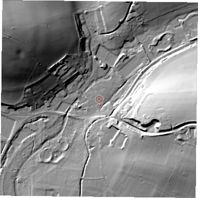 Shaded relief map of the ground around SO323LD, computed from Environment Agency LiDAR. The ground here sits at about 71 m above sea level and falls 43 m across the surrounding 800 m. Surface water reaching this point runs off ground lying to the north-north-east, 1.0 m higher.