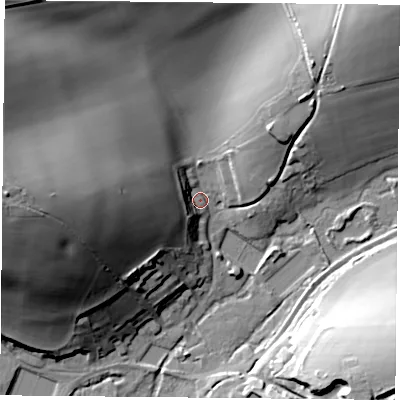 Shaded relief map of the ground around SO323LE, computed from Environment Agency LiDAR. The ground here sits at about 74 m above sea level and falls 45 m across the surrounding 800 m. Surface water reaching this point runs off ground lying to the west, 41.1 m higher.