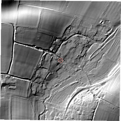 Shaded relief map of the ground around SO323LT, computed from Environment Agency LiDAR. The ground here sits at about 62 m above sea level and falls 25 m across the surrounding 800 m. Surface water reaching this point runs off ground lying to the west-north-west, 22.4 m higher.