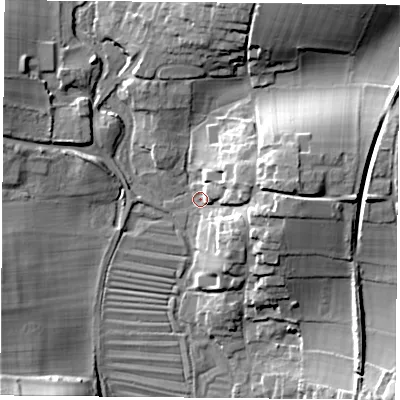 Shaded relief map of the ground around SO323NA, computed from Environment Agency LiDAR. The ground here sits at about 58 m above sea level and falls 27 m across the surrounding 800 m. Surface water reaching this point runs off ground lying to the east, 13.9 m higher.