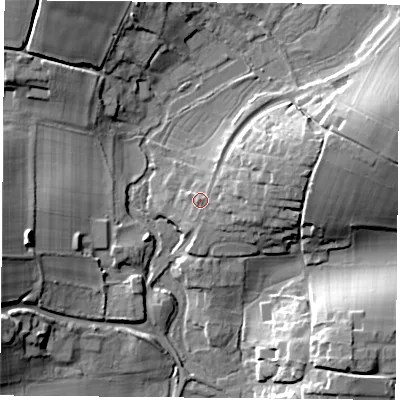 Shaded relief map of the ground around SO323ND, computed from Environment Agency LiDAR. The ground here sits at about 63 m above sea level and falls 19 m across the surrounding 800 m. Surface water reaching this point runs off ground lying to the east-north-east, 3.9 m higher.