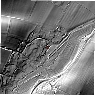 Shaded relief map of the ground around SO323NT, computed from Environment Agency LiDAR. The ground here sits at about 61 m above sea level and falls 23 m across the surrounding 800 m. Surface water reaching this point runs off ground lying to the west-north-west, 21.1 m higher.