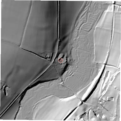 Shaded relief map of the ground around SO323PW, computed from Environment Agency LiDAR. The ground here sits at about 46 m above sea level and falls 42 m across the surrounding 800 m. Surface water reaching this point runs off ground lying to the north-north-west, 7.1 m higher.
