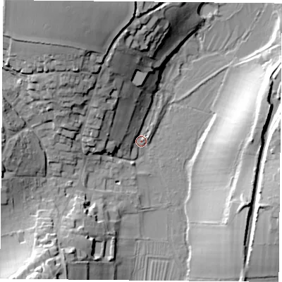 Shaded relief map of the ground around SO323QS, computed from Environment Agency LiDAR. The ground here sits at about 51 m above sea level and falls 32 m across the surrounding 800 m. Surface water reaching this point runs off ground lying to the north-north-west, 30.8 m higher.