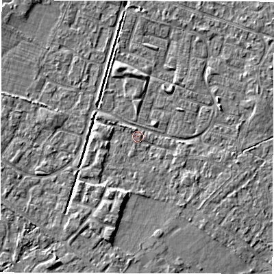 Shaded relief map of the ground around SO402AW, computed from Environment Agency LiDAR. The ground here sits at about 9 m above sea level and falls 4 m across the surrounding 800 m. Surface water reaching this point runs off ground lying to the south-south-west, 2.9 m higher.