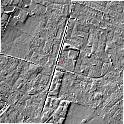 Shaded relief map of the ground around SO402AY, computed from Environment Agency LiDAR. The ground here sits at about 9 m above sea level and falls 5 m across the surrounding 800 m. Surface water reaching this point runs off ground lying to the south-west, 3.6 m higher.