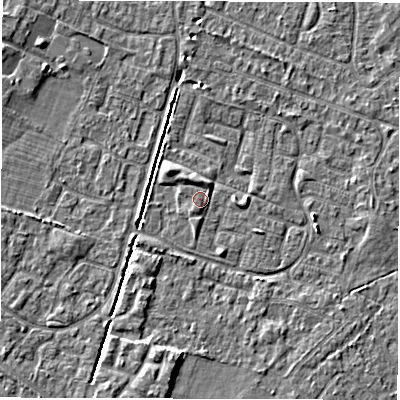Shaded relief map of the ground around SO402AZ, computed from Environment Agency LiDAR. The ground here sits at about 10 m above sea level and falls 4 m across the surrounding 800 m. Surface water reaching this point runs off ground lying to the east-north-east, 1.1 m higher.