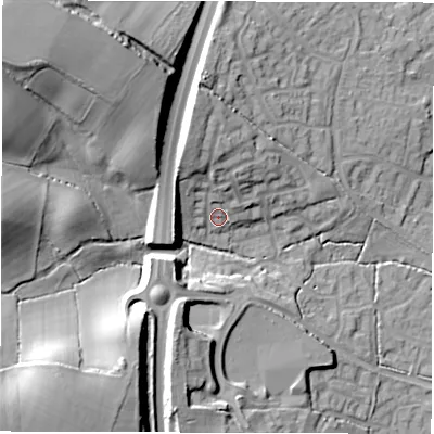 Shaded relief map of the ground around SO402BE, computed from Environment Agency LiDAR. The ground here sits at about 21 m above sea level and falls 32 m across the surrounding 800 m. Surface water reaching this point runs off ground lying to the north, 7.4 m higher.