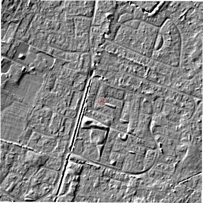 Shaded relief map of the ground around SO402FF, computed from Environment Agency LiDAR. The ground here sits at about 9 m above sea level and falls 5 m across the surrounding 800 m. Surface water reaching this point runs off ground lying to the south-west, 2.3 m higher.