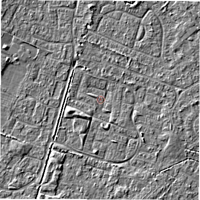 Shaded relief map of the ground around SO402FH, computed from Environment Agency LiDAR. The ground here sits at about 9 m above sea level and falls 4 m across the surrounding 800 m. Surface water reaching this point runs off ground lying to the west-south-west, 3.1 m higher.