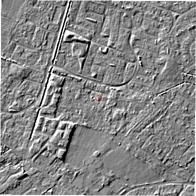 Shaded relief map of the ground around SO402GL, computed from Environment Agency LiDAR. The ground here sits at about 9 m above sea level and falls 4 m across the surrounding 800 m. Surface water reaching this point runs off ground lying to the south-west, 2.6 m higher.