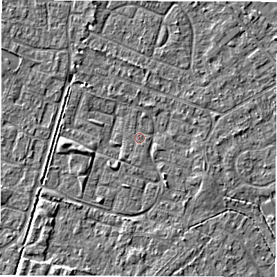 Shaded relief map of the ground around SO402GQ, computed from Environment Agency LiDAR. The ground here sits at about 8 m above sea level and falls 4 m across the surrounding 800 m. Surface water reaching this point runs off ground lying to the south-west, 1.1 m higher.