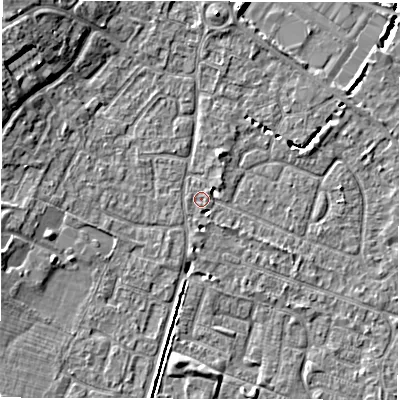 Shaded relief map of the ground around SO402GR, computed from Environment Agency LiDAR. The ground here sits at about 9 m above sea level and falls 9 m across the surrounding 800 m. Surface water reaching this point runs off ground lying to the north-west, 6.0 m higher.