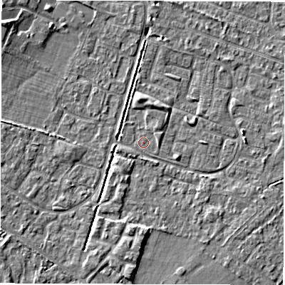 Shaded relief map of the ground around SO402GT, computed from Environment Agency LiDAR. The ground here sits at about 9 m above sea level and falls 5 m across the surrounding 800 m. Surface water reaching this point runs off ground lying to the south-west, 3.1 m higher.