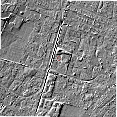 Shaded relief map of the ground around SO402GU, computed from Environment Agency LiDAR. The ground here sits at about 9 m above sea level and falls 5 m across the surrounding 800 m. Surface water reaching this point runs off ground lying to the south-west, 3.3 m higher.