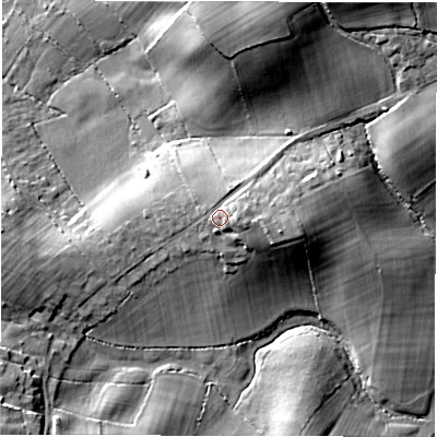 Shaded relief map of the ground around SO402HN, computed from Environment Agency LiDAR. The ground here sits at about 33 m above sea level and falls 21 m across the surrounding 800 m. Surface water reaching this point runs off ground lying to the east, 3.7 m higher.