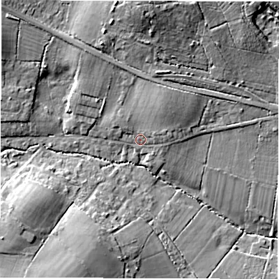 Shaded relief map of the ground around SO402LF, computed from Environment Agency LiDAR. The ground here sits at about 24 m above sea level and falls 16 m across the surrounding 800 m. Surface water reaching this point runs off ground lying to the north-north-east, 3.9 m higher.