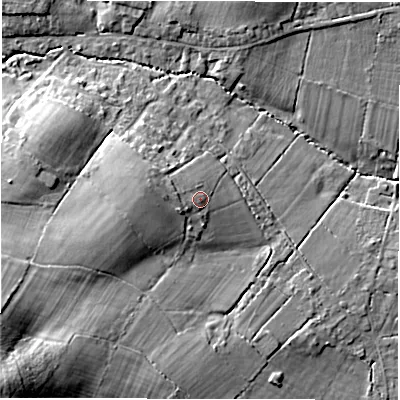 Shaded relief map of the ground around SO402LH, computed from Environment Agency LiDAR. The ground here sits at about 27 m above sea level and falls 26 m across the surrounding 800 m. Surface water reaching this point runs off ground lying to the west, 2.8 m higher.
