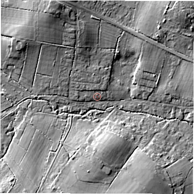 Shaded relief map of the ground around SO402LL, computed from Environment Agency LiDAR. The ground here sits at about 25 m above sea level and falls 15 m across the surrounding 800 m. Surface water reaching this point runs off ground lying to the north-west, 2.6 m higher.