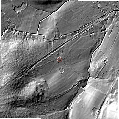Shaded relief map of the ground around SO402LP, computed from Environment Agency LiDAR. The ground here sits at about 31 m above sea level and falls 22 m across the surrounding 800 m. Surface water reaching this point runs off ground lying to the west-south-west, 4.1 m higher.
