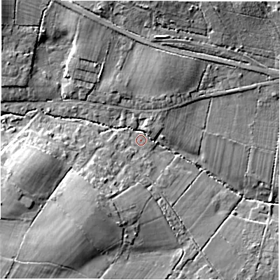 Shaded relief map of the ground around SO402LW, computed from Environment Agency LiDAR. The ground here sits at about 22 m above sea level and falls 17 m across the surrounding 800 m. Surface water reaching this point runs off ground lying to the south-west, 13.6 m higher.