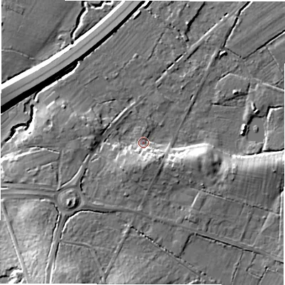 Shaded relief map of the ground around SO402LY, computed from Environment Agency LiDAR. The ground here sits at about 28 m above sea level and falls 18 m across the surrounding 800 m. Surface water reaching this point runs off ground lying to the south, 6.1 m higher.