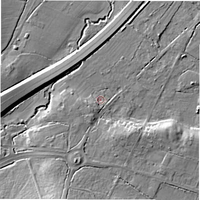 Shaded relief map of the ground around SO402LZ, computed from Environment Agency LiDAR. The ground here sits at about 28 m above sea level and falls 14 m across the surrounding 800 m. Surface water reaching this point runs off ground lying to the south-west, 3.7 m higher.