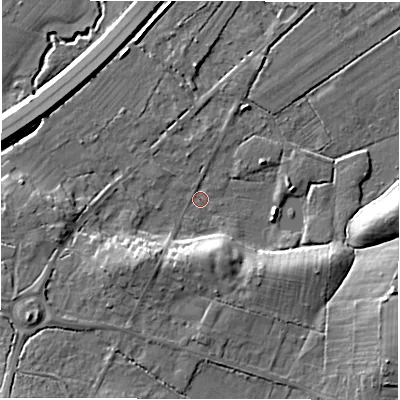 Shaded relief map of the ground around SO402NL, computed from Environment Agency LiDAR. The ground here sits at about 26 m above sea level and falls 15 m across the surrounding 800 m. Surface water reaching this point runs off ground lying to the south-west, 13.3 m higher.