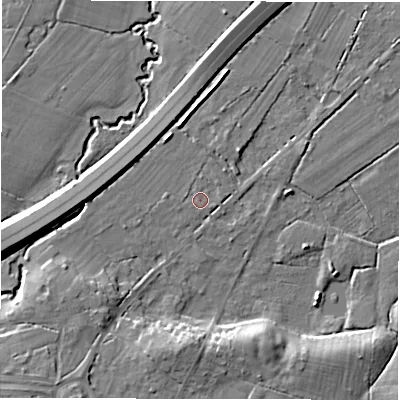 Shaded relief map of the ground around SO402NN, computed from Environment Agency LiDAR. The ground here sits at about 27 m above sea level and falls 11 m across the surrounding 800 m. Surface water reaching this point runs off ground lying to the south-east, 1.1 m higher.