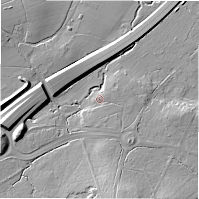 Shaded relief map of the ground around SO402NP, computed from Environment Agency LiDAR. The ground here sits at about 31 m above sea level and falls 18 m across the surrounding 800 m. Surface water reaching this point runs off ground lying to the south, 3.4 m higher.