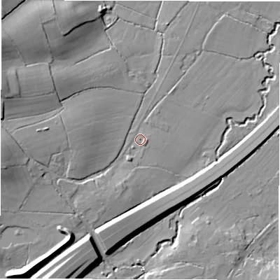 Shaded relief map of the ground around SO402NU, computed from Environment Agency LiDAR. The ground here sits at about 29 m above sea level and falls 21 m across the surrounding 800 m. Surface water reaching this point runs off ground lying to the south-west, 5.6 m higher.
