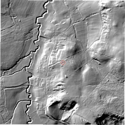 Shaded relief map of the ground around SO402NW, computed from Environment Agency LiDAR. The ground here sits at about 34 m above sea level and falls 27 m across the surrounding 800 m. Surface water reaching this point runs off ground lying to the east-south-east, 3.7 m higher.
