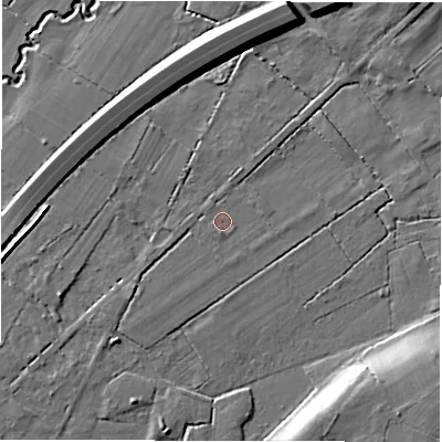 Shaded relief map of the ground around SO402NY, computed from Environment Agency LiDAR. The ground here sits at about 25 m above sea level and falls 11 m across the surrounding 800 m. Surface water reaching this point runs off ground lying to the south, 1.1 m higher.