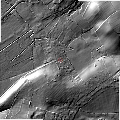 Shaded relief map of the ground around SO402NZ, computed from Environment Agency LiDAR. The ground here sits at about 25 m above sea level and falls 18 m across the surrounding 800 m. Surface water reaching this point runs off ground lying to the south-south-west, 7.3 m higher.