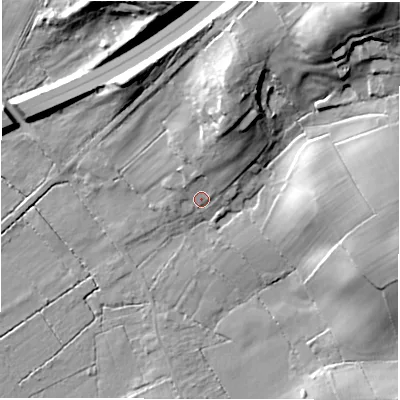 Shaded relief map of the ground around SO402PA, computed from Environment Agency LiDAR. The ground here sits at about 27 m above sea level and falls 29 m across the surrounding 800 m. Surface water reaching this point runs off ground lying to the north-north-east, 10.0 m higher.