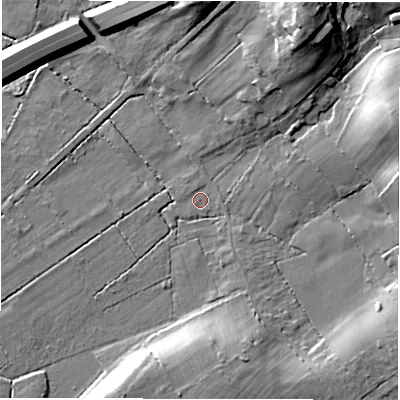 Shaded relief map of the ground around SO402PL, computed from Environment Agency LiDAR. The ground here sits at about 24 m above sea level and falls 19 m across the surrounding 800 m. Surface water reaching this point runs off ground lying to the east-north-east, 15.2 m higher.