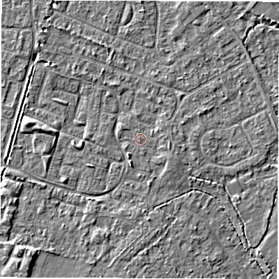 Shaded relief map of the ground around SO402QA, computed from Environment Agency LiDAR. The ground here sits at about 9 m above sea level and falls 5 m across the surrounding 800 m. Surface water reaching this point runs off ground lying to the south-west, 3.3 m higher.