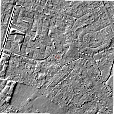 Shaded relief map of the ground around SO402QB, computed from Environment Agency LiDAR. The ground here sits at about 9 m above sea level and falls 5 m across the surrounding 800 m. Surface water reaching this point runs off ground lying to the east-north-east, 0.8 m higher.