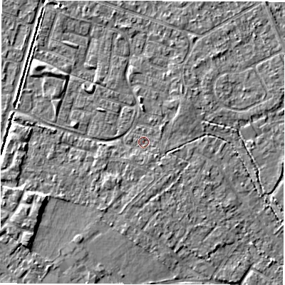 Shaded relief map of the ground around SO402QD, computed from Environment Agency LiDAR. The ground here sits at about 9 m above sea level and falls 5 m across the surrounding 800 m. Surface water reaching this point runs off ground lying to the south-south-west, 0.9 m higher.