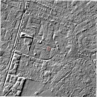Shaded relief map of the ground around SO402QE, computed from Environment Agency LiDAR. The ground here sits at about 9 m above sea level and falls 4 m across the surrounding 800 m. Surface water reaching this point runs off ground lying to the south-west, 3.2 m higher.