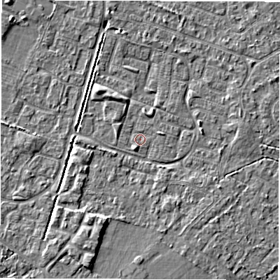Shaded relief map of the ground around SO402QF, computed from Environment Agency LiDAR. The ground here sits at about 9 m above sea level and falls 4 m across the surrounding 800 m. Surface water reaching this point runs off ground lying to the north, 1.2 m higher.