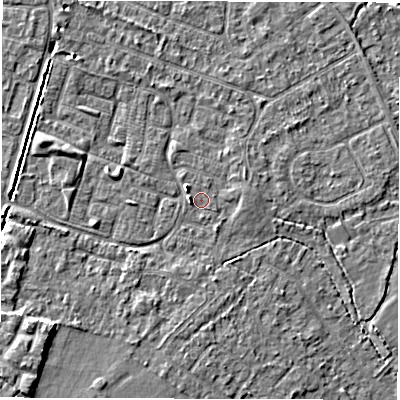 Shaded relief map of the ground around SO402QJ, computed from Environment Agency LiDAR. The ground here sits at about 9 m above sea level and falls 5 m across the surrounding 800 m. Surface water reaching this point runs off ground lying to the west, 1.3 m higher.