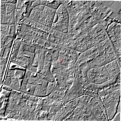 Shaded relief map of the ground around SO402QZ, computed from Environment Agency LiDAR. The ground here sits at about 9 m above sea level and falls 4 m across the surrounding 800 m. Surface water reaching this point runs off ground lying to the south-west, 3.3 m higher.