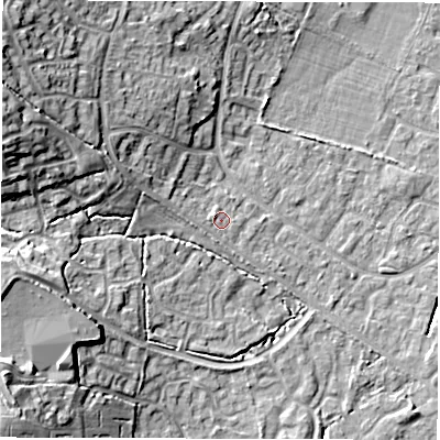 Shaded relief map of the ground around SO402RA, computed from Environment Agency LiDAR. The ground here sits at about 13 m above sea level and falls 19 m across the surrounding 800 m. Surface water reaching this point runs off ground lying to the west-south-west, 1.5 m higher.