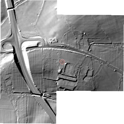 Shaded relief map of the ground around SO402RQ, computed from Environment Agency LiDAR. The ground here sits at about 33 m above sea level and falls 21 m across the surrounding 800 m. Surface water reaching this point runs off ground lying to the north-north-west, 0.6 m higher.