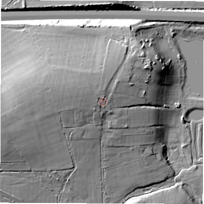 Shaded relief map of the ground around SO402RX, computed from Environment Agency LiDAR. The ground here sits at about 24 m above sea level and falls 26 m across the surrounding 800 m. Surface water reaching this point runs off ground lying to the west-north-west, 5.5 m higher.
